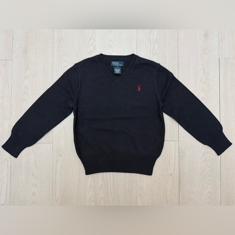 Navy Ralph Lauren V-Neck Knit Cotton Sweater with Red Embroidered RL Pony! Sz 5